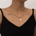Set Of 3: Chain Choker + Cupid Angel + Heart Layered Pendant Necklace