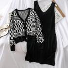 Set: Printed Knit Cardigan + Tank Dress Black - One Size