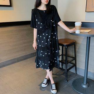 Short-sleeve Mock Two-piece Heart Print Midi Dress