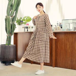 Pocket-detail Gingham Long Dress