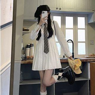 Set: Pleated Shirtdress + Striped Neck Tie