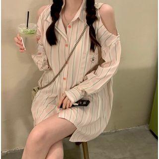 Off-shoulder Striped Long-sleeve Shirt Pink & White - One Size
