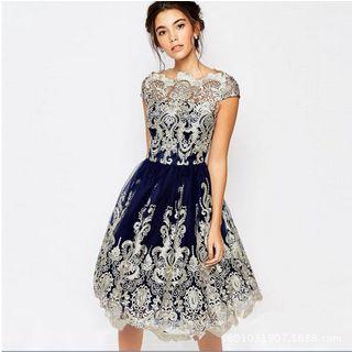 Cap-sleeve Lace Panel A-line Dress