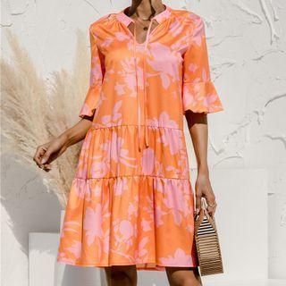 Floral Print Flared Sleeve Mini A-line Dress