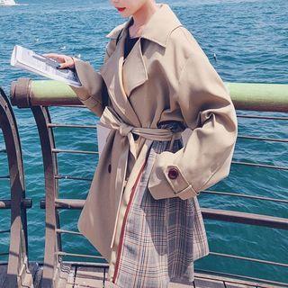 Plaid Panel Double-breasted Trench Jacket