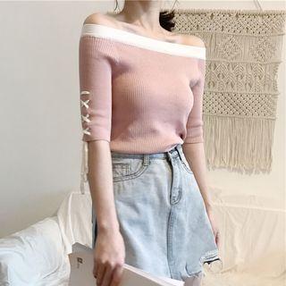 Contrast Trim Off Shoulder Elbow Sleeve Knit Top