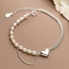 Heart Pendant Sterling Silver Faux Pearl Bracelet 1 Pc - Silver & White - One Size