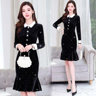 Long-sleeve Rhinestone Velvet Sheath Dress