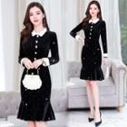 Long-sleeve Rhinestone Velvet Sheath Dress