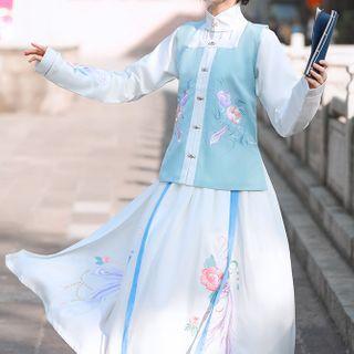 Flower Embroidered Buttoned Vest / Collared Blouse / Maxi A-line Skirt / Set