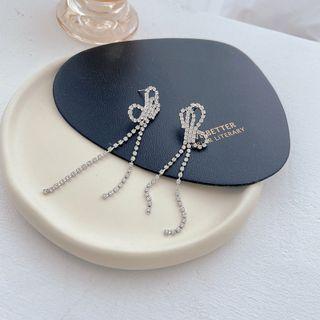 Bow Rhinestone Fringed Earring 1 Pair - S925 Silver - Silver - One Size