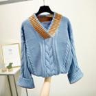V-neck Cable Knit Sweater Blue - One Size