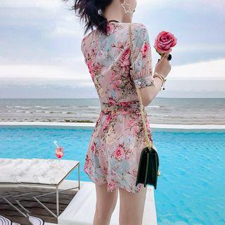 Set: Short-sleeve Flower Print Wrap Top + Shorts