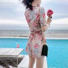 Set: Short-sleeve Flower Print Wrap Top + Shorts