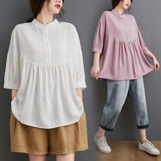 Plain Stand-collar Elbow-sleeve Blouse