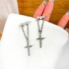 Cross Rhinestone Faux Pearl Chained Dangle Earring 1 Pair - S925 Silver - Silver - One Size