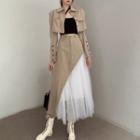 High-waist Asymmetrical Mesh Panel Maxi Skirt / Cropped Pocket-detail Long-sleeve Jacket
