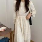 Lace Trim Long-sleeve Midi A-line Dress Almond - One Size