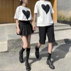 Couple Matching Heart Print T-shirt / Plain Shorts / Pleated Mini A-line Skirt