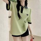 Short-sleeve Contrast Collar Polo Shirt Green - One Size