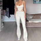 Set: Plain Cropped Camisole + Plain High-waist Cut-out Boot-cut Pants