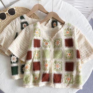 Short-sleeve Checkered Cardigan