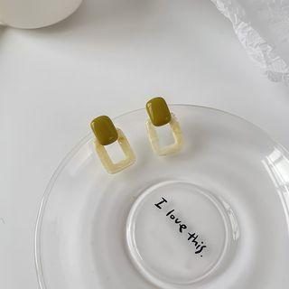 Sterling Silver Rectangle Stud Earring 1 Pair - Milky White & Green - One Size