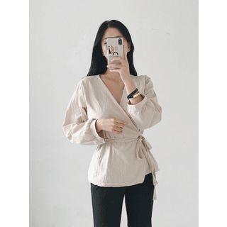 Shirred Wrap Blouse With Sash