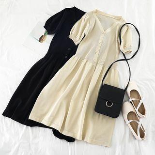 Short-sleeve Buttoned A-line Midi Knit Dress