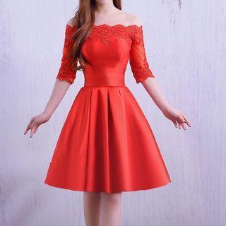 Elbow-sleeve Off-shoulder Lace Panel A-line Cocktail Dress