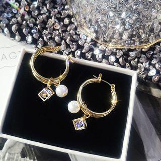 Caged Rhinestone Faux Pearl Hoop Earring As Shown In Figure - One Size