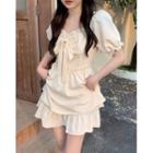 Puff-sleeve Frilled Bow-accent Dress