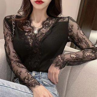 V-neck Plain Lace Slim-fit Top