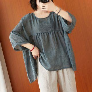3/4-sleeve Plain Blouse Bluish Gray - One Size