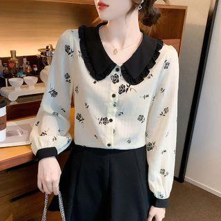Floral Print Contrast Peter Pan Collar Chiffon Blouse