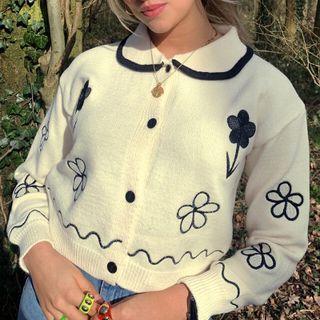 Peter Pan Collar Cardigan With Flower Embroidery