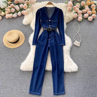 V-neck Long-sleeve Denim Jumpsuit