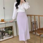 Puff-sleeve V-neck Blouse / Plain Skirt
