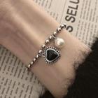 Heart Faux Pearl Stainless Steel Bracelet Bracelet - Black Heart & Faux Pearl - Silver - One Size