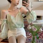Cold-shoulder Tie-dyed Blouse Green - One Size