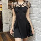 Short-sleeve Lace Panel Tie-neck Mini A-line Dress