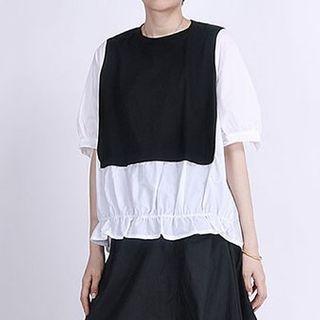 Mock Two-piece Contrast Panel Short-sleeve Blouse