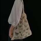 Butterfly Print Canvas Tote Bag Beige - One Size