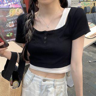 Short-sleeve Mock Two-piece Henley Crop Top Black - One Size