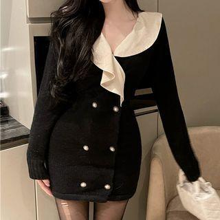 Long-sleeve Sailor Collar Double-breasted Knit Mini Sheath Dress