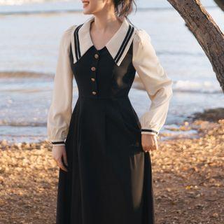 Long-sleeve Collar Two-tone Midi A-line Dress