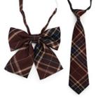 Set: Plaid Ribbon Bow Tie + Necktie Set Of 2 - Bow Tie + Necktie - Coffee - One Size