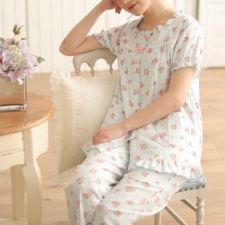 Loungewear Set: Flower Print Ruffled Short-sleeve Top + Pants