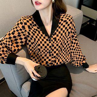 Puff-sleeve Checker Print Blouse