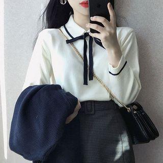 Bow Long-sleeve Collared Knit Top